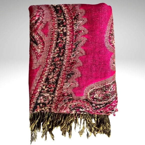 Paisley Pashmina Scarf Shawl Wrap Magenta Pink Double Layer Fringed Large 75” - Picture 8 of 10